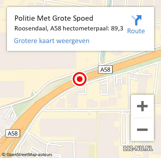 Locatie op kaart van de 112 melding: Politie Met Grote Spoed Naar Roosendaal, A58 hectometerpaal: 89,3 op 16 september 2022 17:18