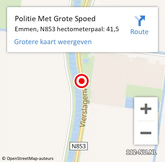 Locatie op kaart van de 112 melding: Politie Met Grote Spoed Naar Emmen, N853 hectometerpaal: 41,5 op 16 september 2022 17:50