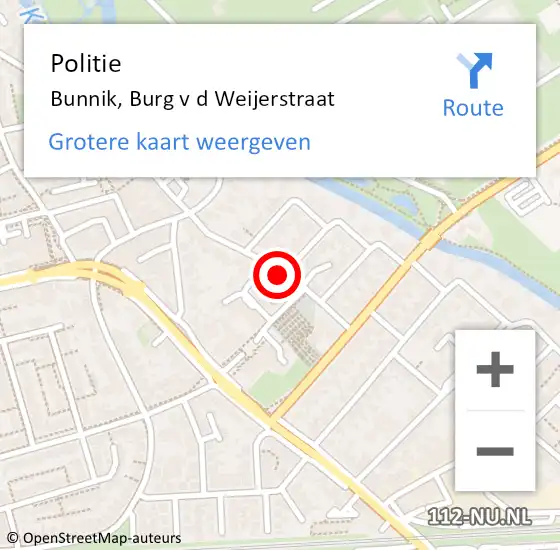 Locatie op kaart van de 112 melding: Politie Bunnik, Burg v d Weijerstraat op 16 september 2022 18:17