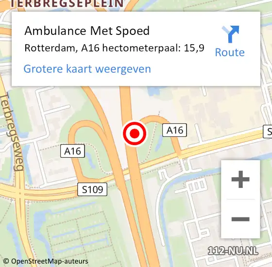 Locatie op kaart van de 112 melding: Ambulance Met Spoed Naar Rotterdam, A16 hectometerpaal: 15,9 op 16 september 2022 18:35