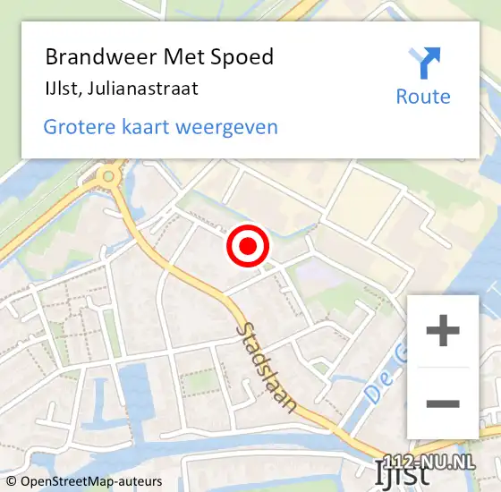 Locatie op kaart van de 112 melding: Brandweer Met Spoed Naar IJlst, Julianastraat op 16 september 2022 23:23