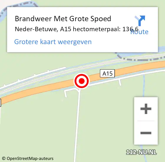 Locatie op kaart van de 112 melding: Brandweer Met Grote Spoed Naar Neder-Betuwe, A15 hectometerpaal: 136,6 op 17 september 2022 00:06