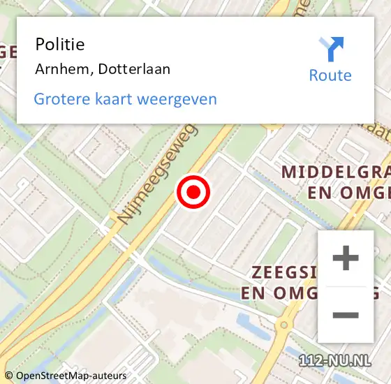 Locatie op kaart van de 112 melding: Politie Arnhem, Dotterlaan op 17 september 2022 05:05