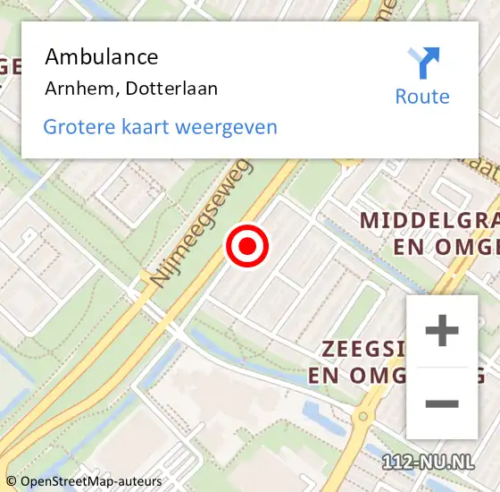 Locatie op kaart van de 112 melding: Ambulance Arnhem, Dotterlaan op 17 september 2022 06:55