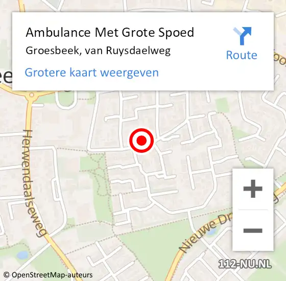 Locatie op kaart van de 112 melding: Ambulance Met Grote Spoed Naar Groesbeek, van Ruysdaelweg op 17 september 2022 10:53