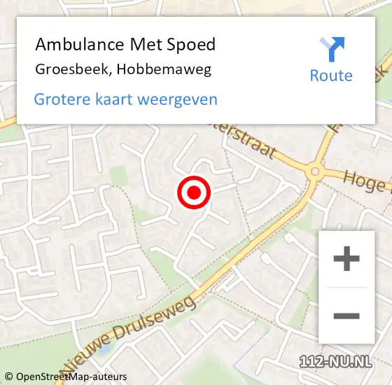 Locatie op kaart van de 112 melding: Ambulance Met Spoed Naar Groesbeek, Hobbemaweg op 17 september 2022 12:11