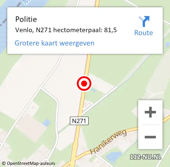Locatie op kaart van de 112 melding: Politie Venlo, N271 hectometerpaal: 81,5 op 17 september 2022 12:40