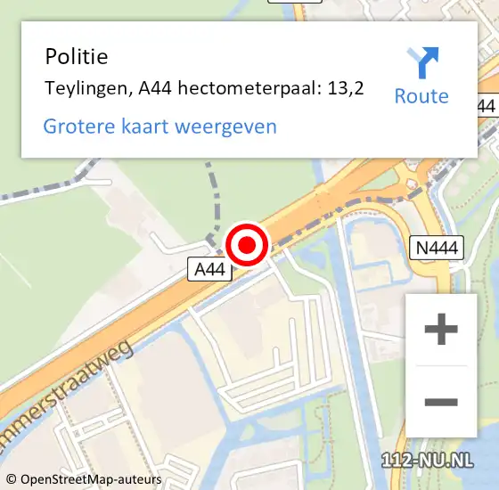 Locatie op kaart van de 112 melding: Politie Teylingen, A44 hectometerpaal: 13,2 op 17 september 2022 14:47