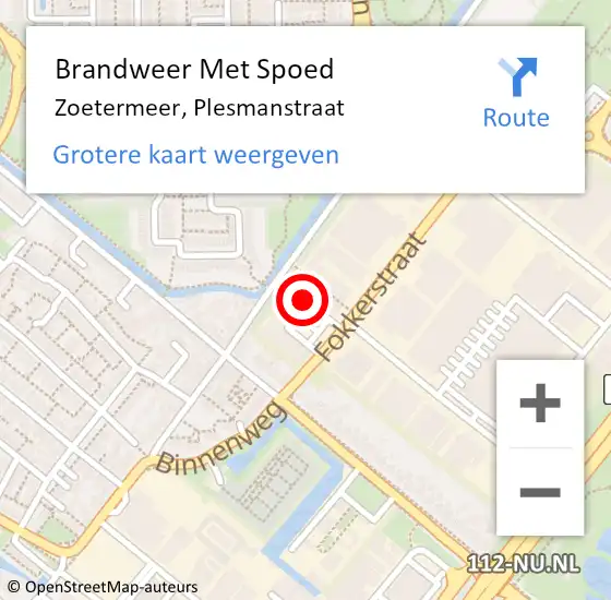 Locatie op kaart van de 112 melding: Brandweer Met Spoed Naar Zoetermeer, Plesmanstraat op 17 september 2022 16:03