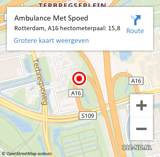 Locatie op kaart van de 112 melding: Ambulance Met Spoed Naar Rotterdam, A16 hectometerpaal: 15,8 op 17 september 2022 16:16