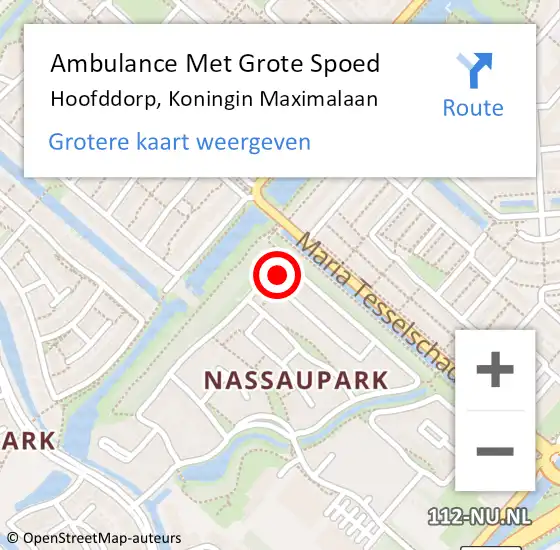 Locatie op kaart van de 112 melding: Ambulance Met Grote Spoed Naar Hoofddorp, Koningin Maximalaan op 17 september 2022 16:28