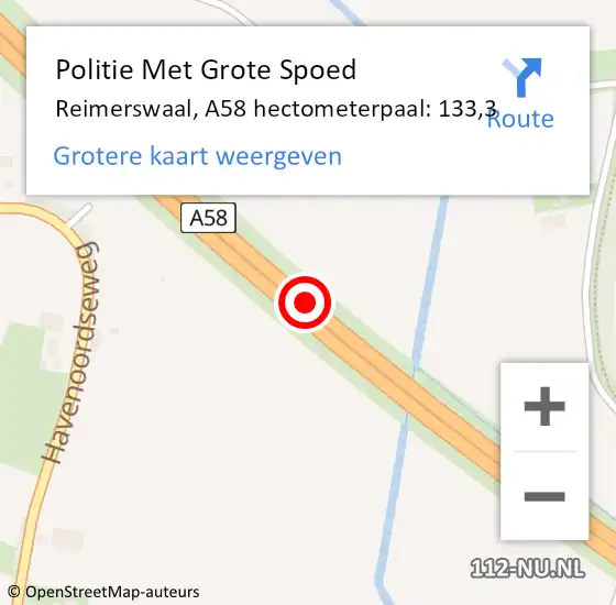 Locatie op kaart van de 112 melding: Politie Met Grote Spoed Naar Reimerswaal, A58 hectometerpaal: 133,3 op 17 september 2022 17:06