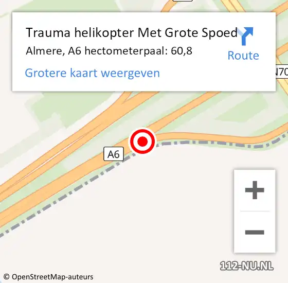 Locatie op kaart van de 112 melding: Trauma helikopter Met Grote Spoed Naar Almere, A6 hectometerpaal: 60,8 op 17 september 2022 19:02