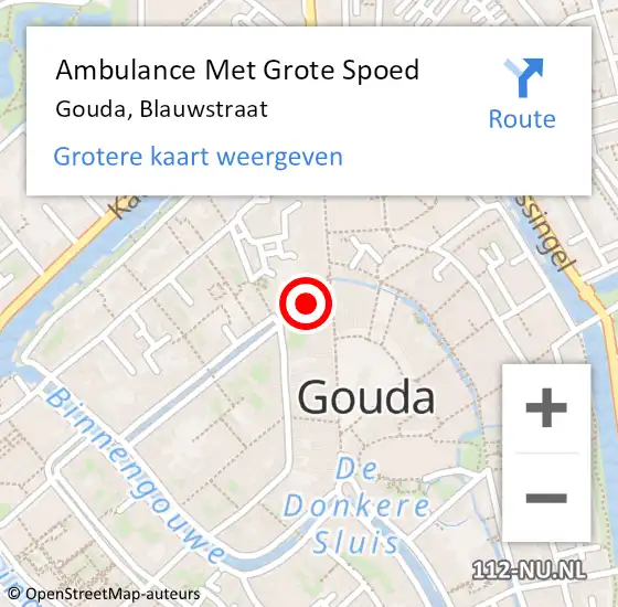 Locatie op kaart van de 112 melding: Ambulance Met Grote Spoed Naar Gouda, Blauwstraat op 17 september 2022 20:05