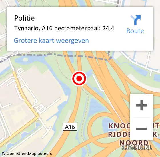 Locatie op kaart van de 112 melding: Politie Tynaarlo, A16 hectometerpaal: 24,4 op 17 september 2022 21:16