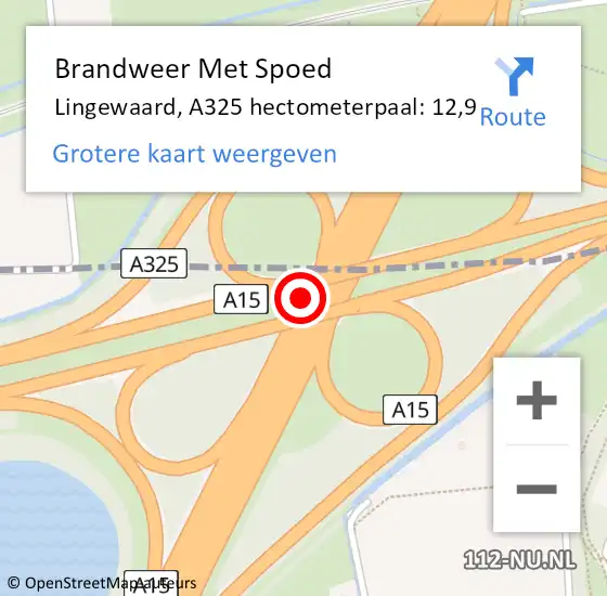 Locatie op kaart van de 112 melding: Brandweer Met Spoed Naar Lingewaard, A325 hectometerpaal: 12,9 op 17 september 2022 22:57