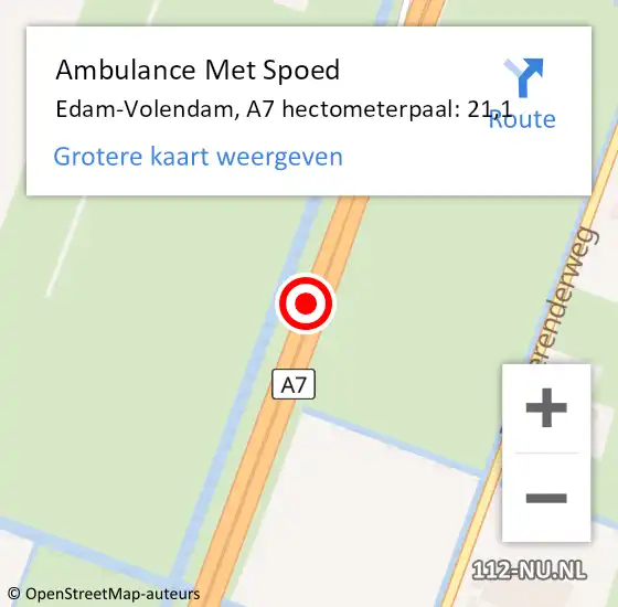 Locatie op kaart van de 112 melding: Ambulance Met Spoed Naar Edam-Volendam, A7 hectometerpaal: 21,1 op 18 september 2022 00:59