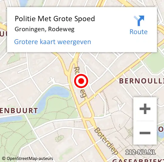 Locatie op kaart van de 112 melding: Politie Met Grote Spoed Naar Groningen, Rodeweg op 18 september 2022 01:35