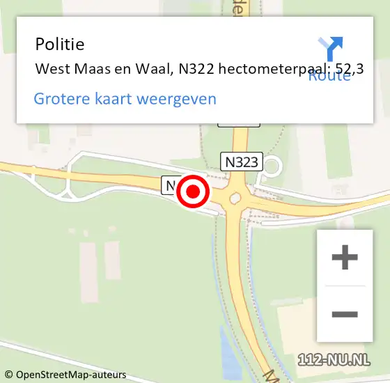 Locatie op kaart van de 112 melding: Politie West Maas en Waal, N322 hectometerpaal: 52,3 op 18 september 2022 02:32