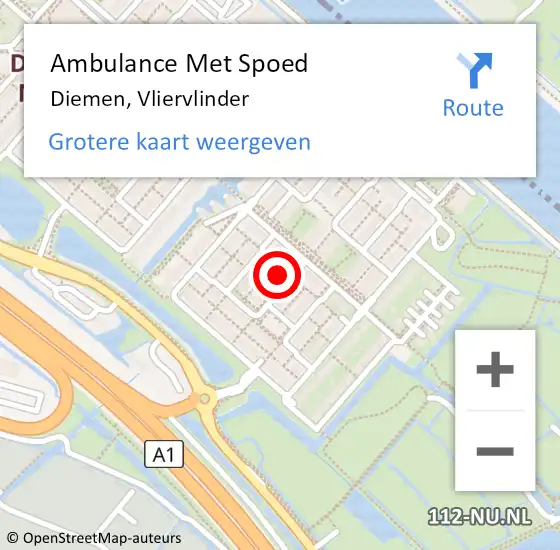 Locatie op kaart van de 112 melding: Ambulance Met Spoed Naar Diemen, Vliervlinder op 18 september 2022 05:57