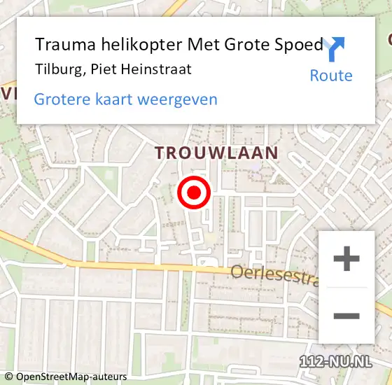 Locatie op kaart van de 112 melding: Trauma helikopter Met Grote Spoed Naar Tilburg, Piet Heinstraat op 18 september 2022 08:49