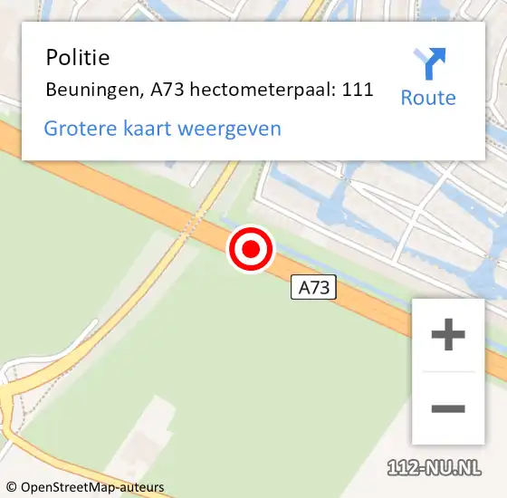 Locatie op kaart van de 112 melding: Politie Beuningen, A73 hectometerpaal: 111 op 18 september 2022 11:49