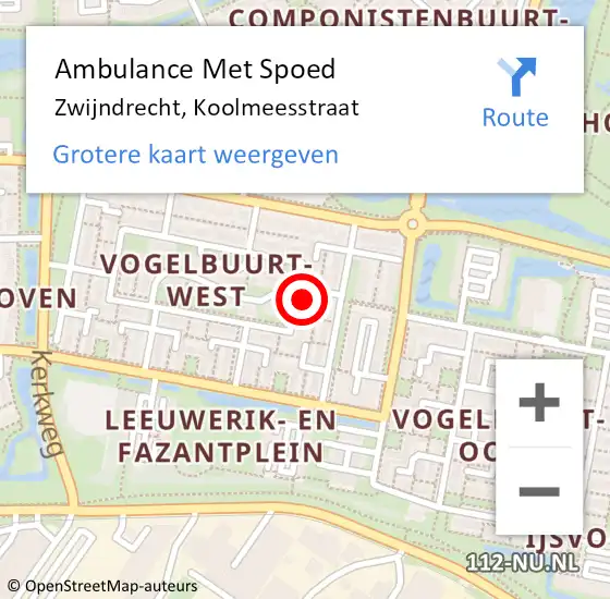 Locatie op kaart van de 112 melding: Ambulance Met Spoed Naar Zwijndrecht, Koolmeesstraat op 18 september 2022 11:56