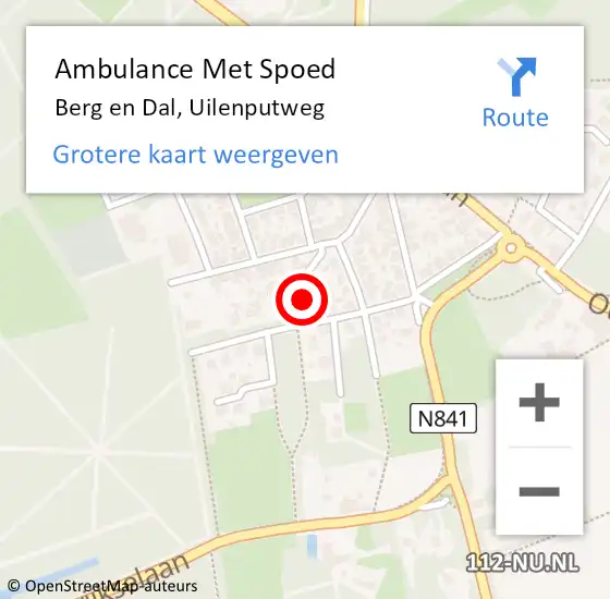 Locatie op kaart van de 112 melding: Ambulance Met Spoed Naar Berg en Dal, Uilenputweg op 18 september 2022 14:29