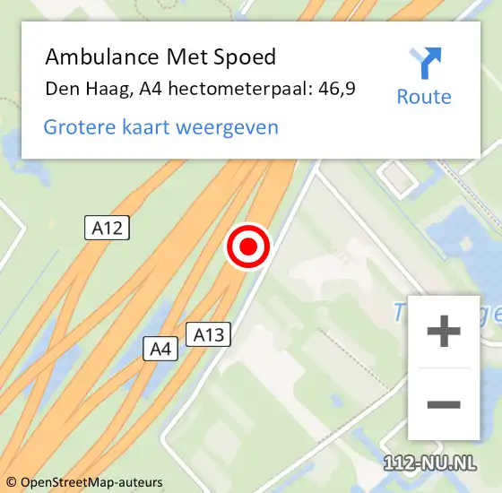 Locatie op kaart van de 112 melding: Ambulance Met Spoed Naar Den Haag, A4 hectometerpaal: 46,9 op 18 september 2022 15:29