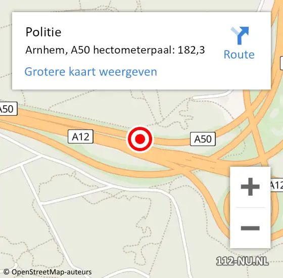 Locatie op kaart van de 112 melding: Politie Arnhem, A50 hectometerpaal: 182,3 op 18 september 2022 17:04