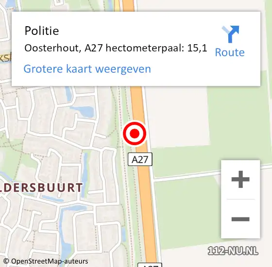 Locatie op kaart van de 112 melding: Politie Oosterhout, A27 hectometerpaal: 15,1 op 18 september 2022 17:34