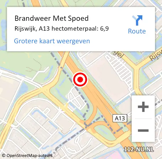 Locatie op kaart van de 112 melding: Brandweer Met Spoed Naar Rijswijk, A13 hectometerpaal: 6,9 op 18 september 2022 17:40