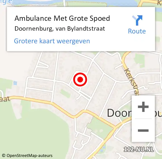 Locatie op kaart van de 112 melding: Ambulance Met Grote Spoed Naar Doornenburg, van Bylandtstraat op 18 september 2022 17:56