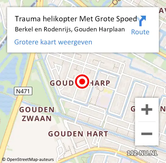 Locatie op kaart van de 112 melding: Trauma helikopter Met Grote Spoed Naar Berkel en Rodenrijs, Gouden Harplaan op 18 september 2022 18:22