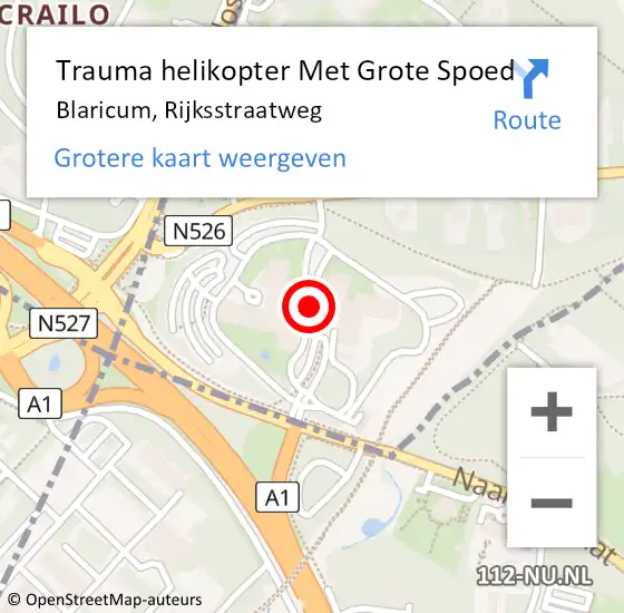 Locatie op kaart van de 112 melding: Trauma helikopter Met Grote Spoed Naar Blaricum, Rijksstraatweg op 18 september 2022 22:00