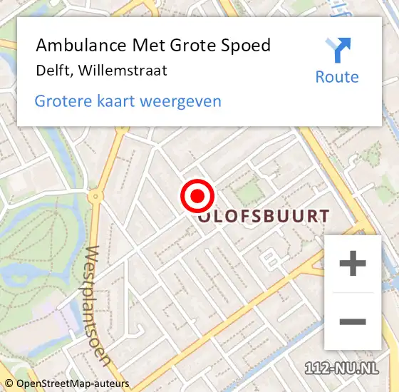 Locatie op kaart van de 112 melding: Ambulance Met Grote Spoed Naar Delft, Willemstraat op 19 september 2022 00:12