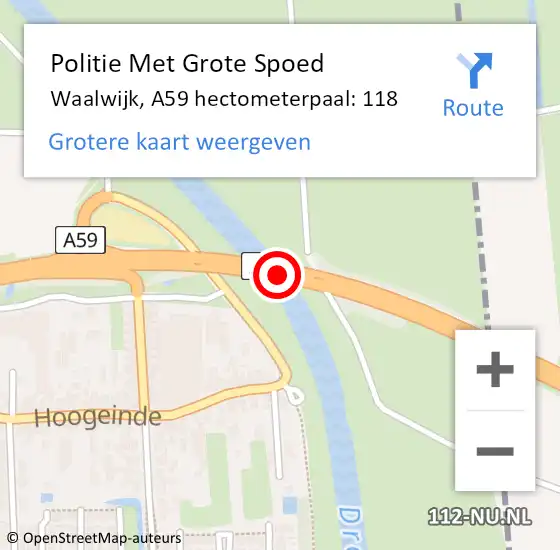 Locatie op kaart van de 112 melding: Politie Met Grote Spoed Naar Waalwijk, A59 hectometerpaal: 118 op 19 september 2022 05:49
