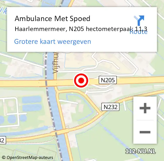 Locatie op kaart van de 112 melding: Ambulance Met Spoed Naar Haarlemmermeer, N205 hectometerpaal: 11,3 op 19 september 2022 07:50