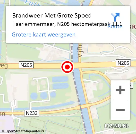 Locatie op kaart van de 112 melding: Brandweer Met Grote Spoed Naar Haarlemmermeer, N205 hectometerpaal: 11,1 op 19 september 2022 07:50