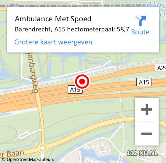 Locatie op kaart van de 112 melding: Ambulance Met Spoed Naar Barendrecht, A15 hectometerpaal: 58,7 op 19 september 2022 10:45