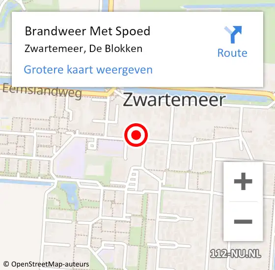 Locatie op kaart van de 112 melding: Brandweer Met Spoed Naar Zwartemeer, De Blokken op 19 september 2022 10:58