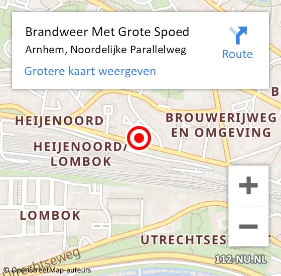 Locatie op kaart van de 112 melding: Brandweer Met Grote Spoed Naar Arnhem, Noordelijke Parallelweg op 19 september 2022 11:15