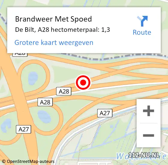 Locatie op kaart van de 112 melding: Brandweer Met Spoed Naar De Bilt, A28 hectometerpaal: 1,3 op 19 september 2022 13:40