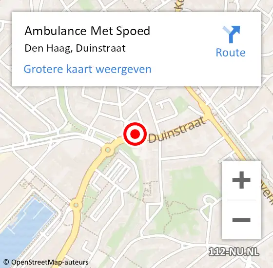 Locatie op kaart van de 112 melding: Ambulance Met Spoed Naar Den Haag, Duinstraat op 19 september 2022 14:17