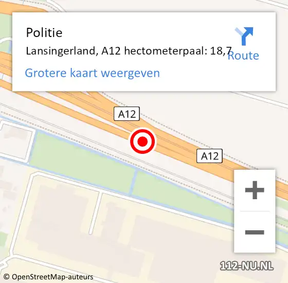 Locatie op kaart van de 112 melding: Politie Lansingerland, A12 hectometerpaal: 18,7 op 19 september 2022 14:33