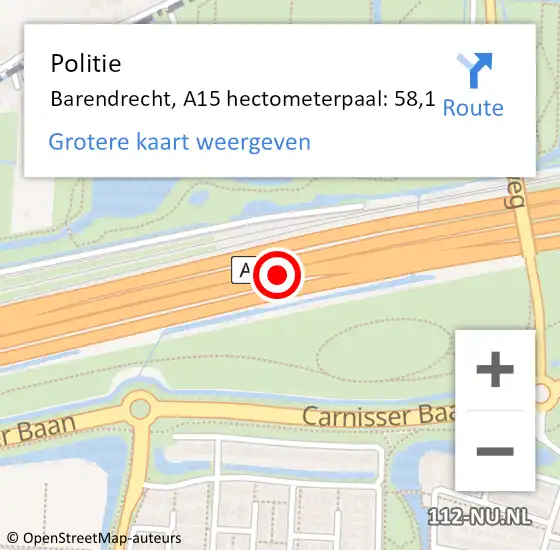 Locatie op kaart van de 112 melding: Politie Barendrecht, A15 hectometerpaal: 58,1 op 19 september 2022 14:52