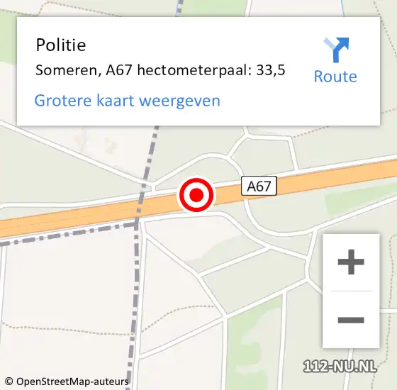 Locatie op kaart van de 112 melding: Politie Someren, A67 hectometerpaal: 33,5 op 19 september 2022 16:03