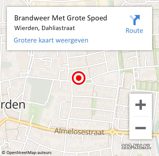 Locatie op kaart van de 112 melding: Brandweer Met Grote Spoed Naar Wierden, Dahliastraat op 19 september 2022 16:48