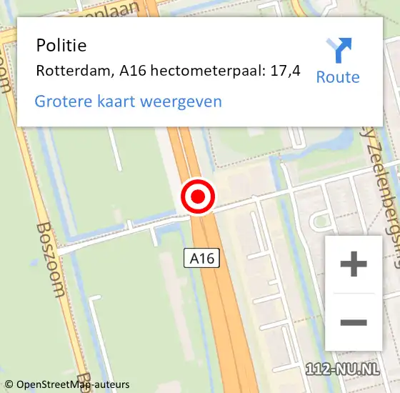 Locatie op kaart van de 112 melding: Politie Rotterdam, A16 hectometerpaal: 17,4 op 19 september 2022 18:00