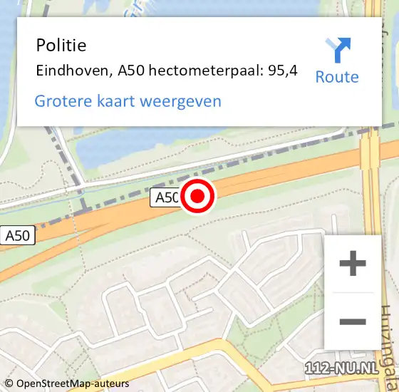 Locatie op kaart van de 112 melding: Politie Eindhoven, A50 hectometerpaal: 95,4 op 19 september 2022 20:09